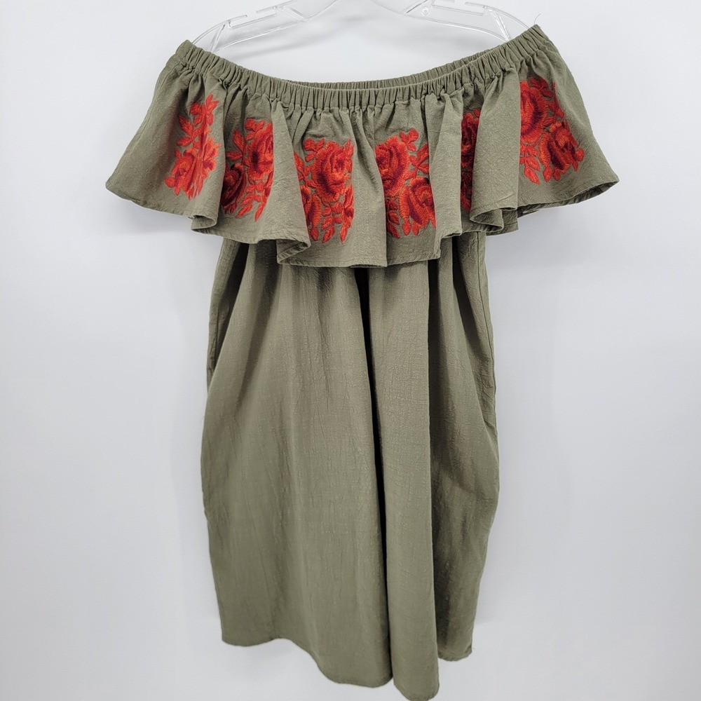 Umgee Olive Green Off The Shoulder Embroidered Floral Ruffle Mini Dress Large